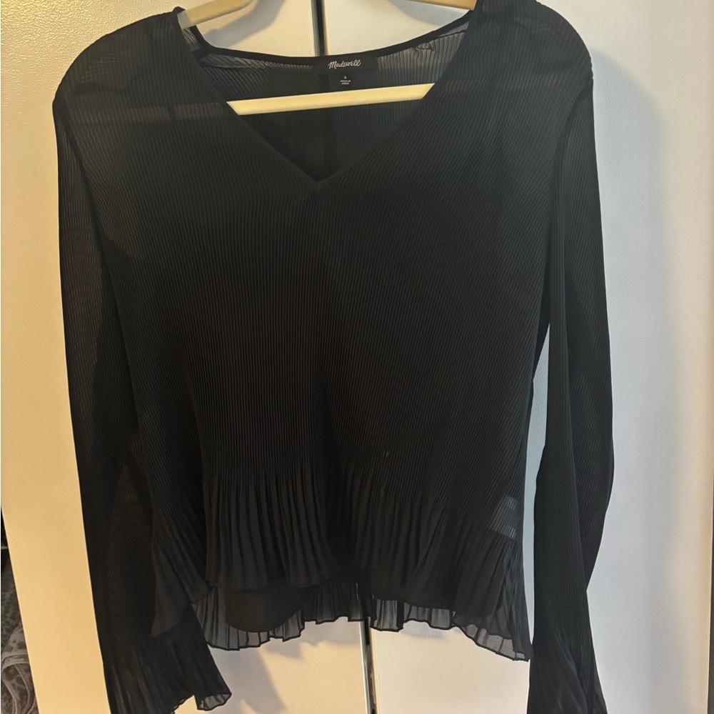 Madewell Black V-Neck Pleated Blouse